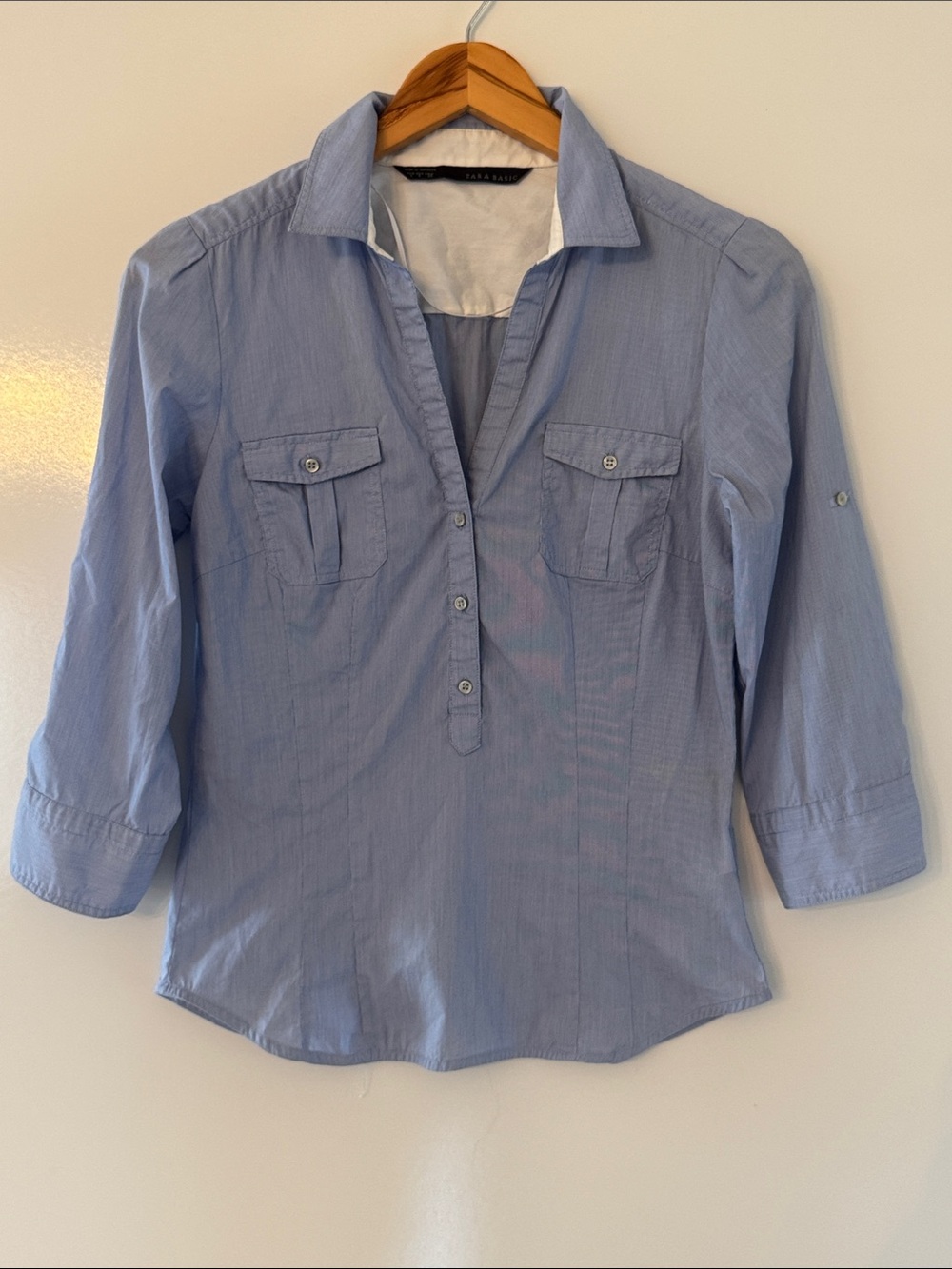 Zara Button Front Women's Shirt Small Micro Stripes Pop Over Blue Collared